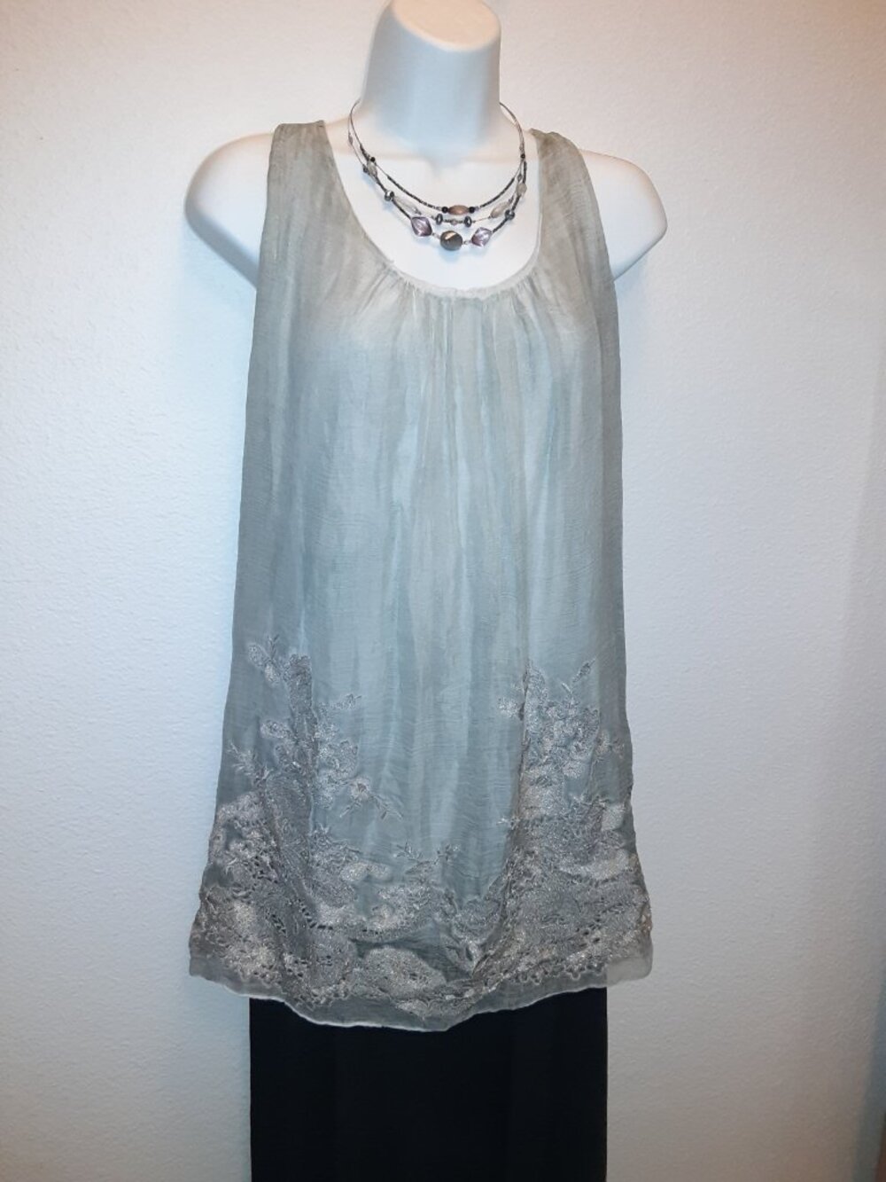 Soft Surroundings Gray Silk Tank / Tunic * Silver-Gold Embroidery * Lined * XL